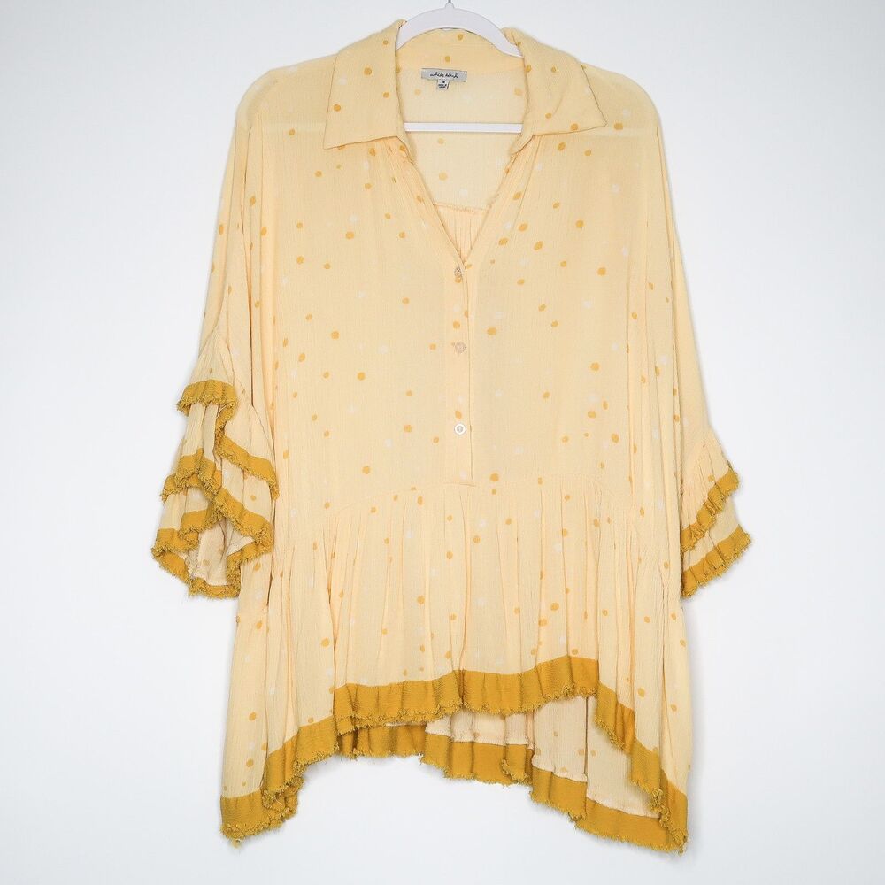White Birch Womens Blouse Size Medium Yellow‎ Polka Dot Ruffle Sleeve